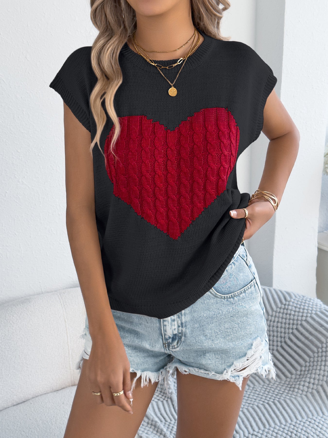 Spring Summer Contrast Color Love Casual Loose Knitwear Valentine Day Top Women Clothing