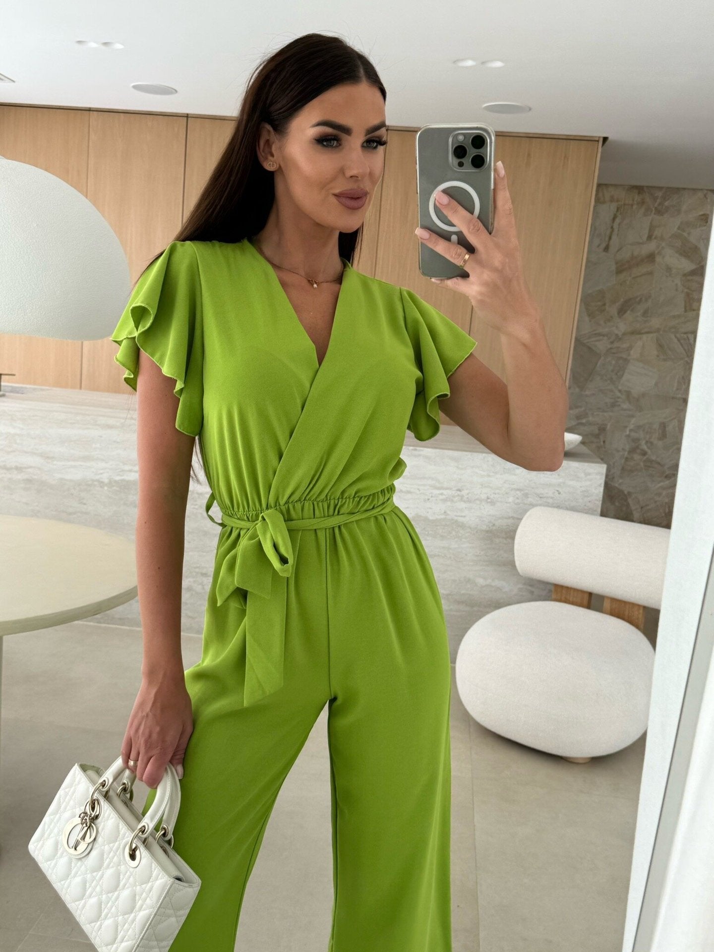 Summer Women Clothing V neck Waist Controlled Lace up Solid Color Jumpsuit Trousers