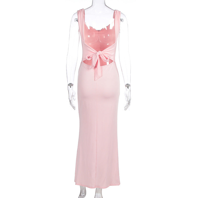 Women Clothing Spring Summer Elegance Sleeveless Backless Slingback Slim Fit Slit Dress
