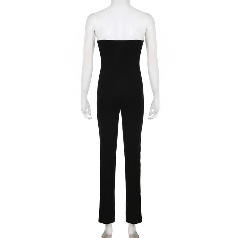 Women Clothing Basic Solid Color Slim Fit Tube Top off Neck Waist Tight Sports Casual Yoga One Piece Trousers