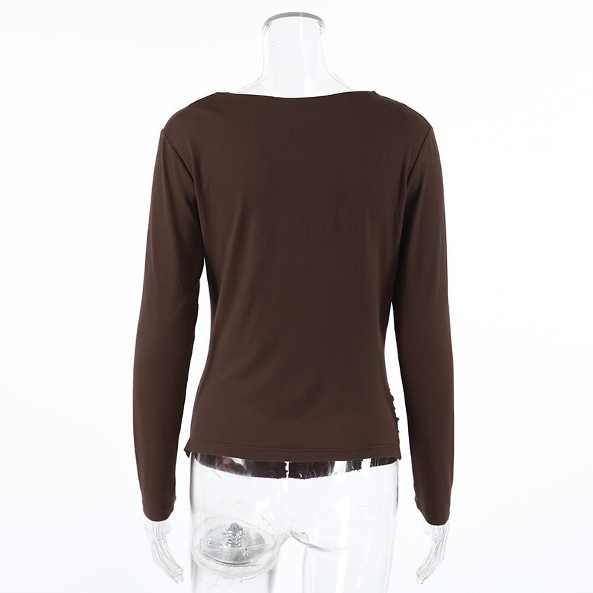 Autumn Arrival Pleating Niche Slim Waist Tight Sexy Long Sleeve Bottoming Shirt for Women