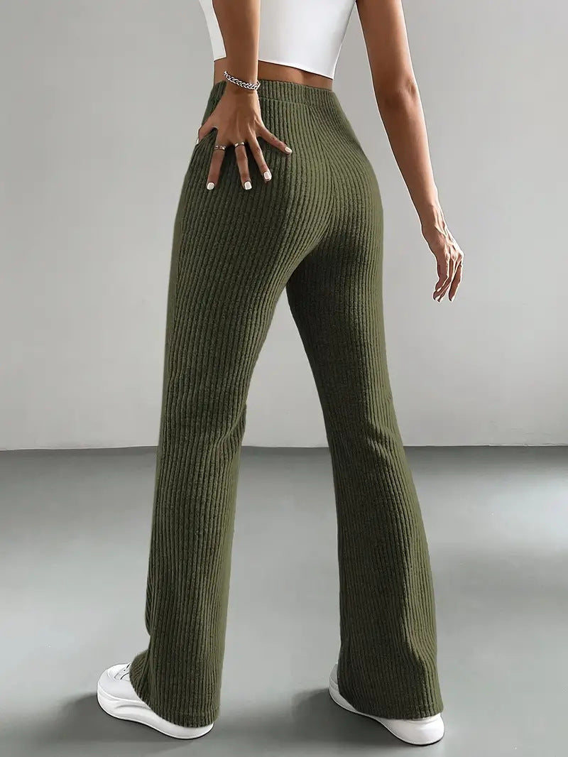Bell Bottom Pants Women Autumn Solid Color Casual Pants Rib Knitted Fashionable All Match Slim Fit Women Pants