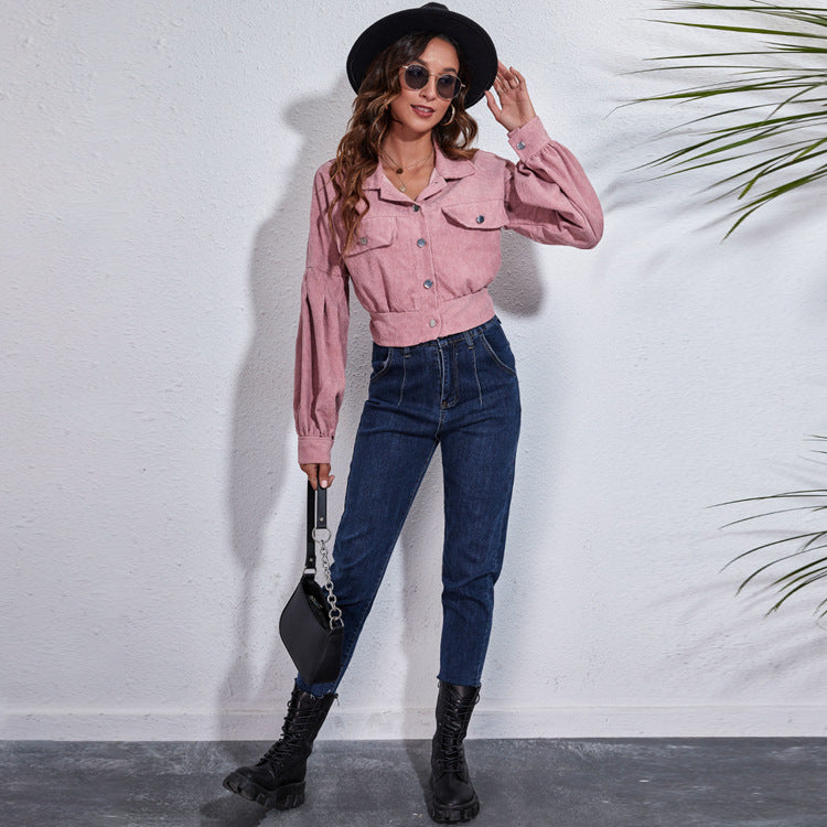 Popular Real Shot Lantern Sleeve Corduroy Jacket Short Coat Loose Long Sleeve Autumn Winter