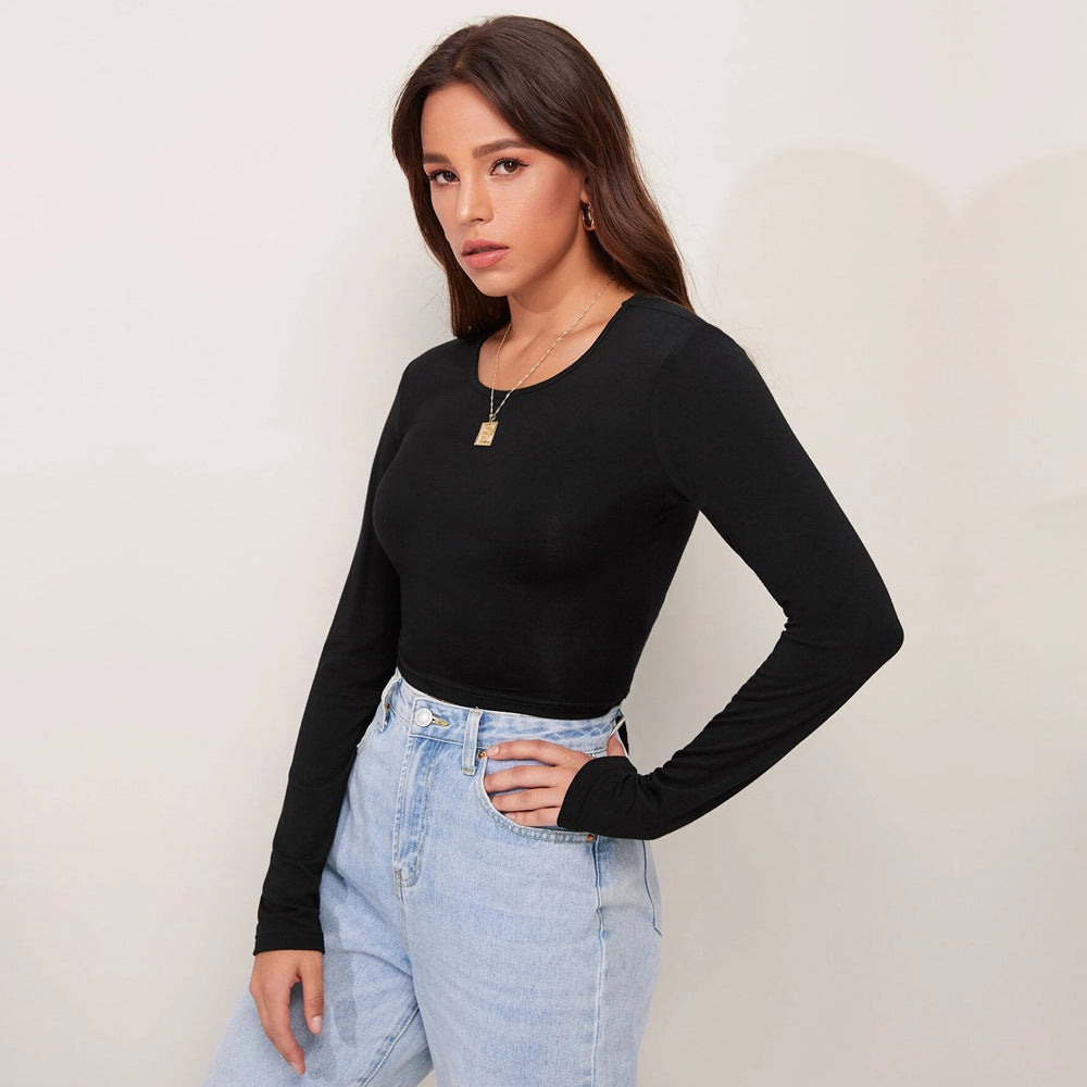 Autumn Winter Women Short Slim Fit High Elastic Long Sleeved T shirt Top
