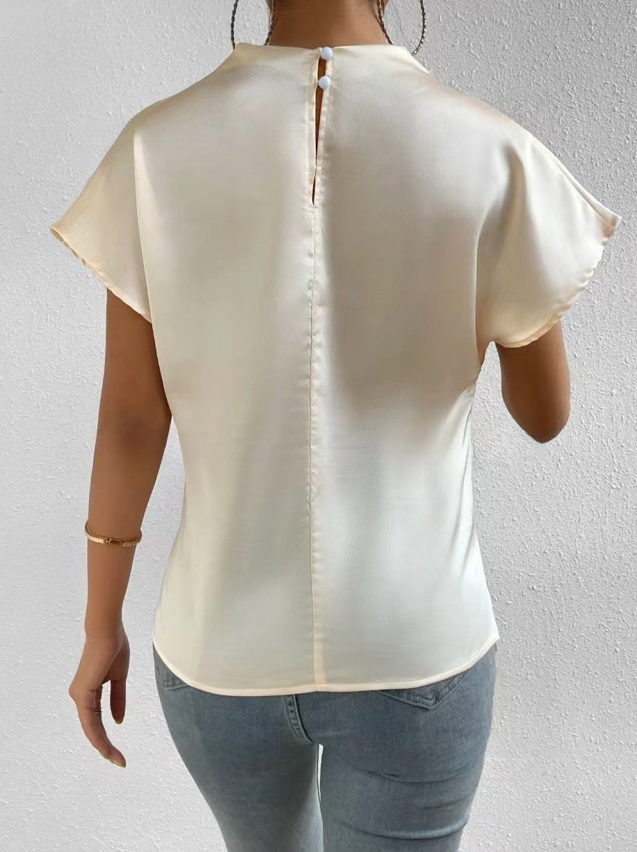 Round Neck Short Sleeve Left Shoulder Pleated T shirt Satin Women Top