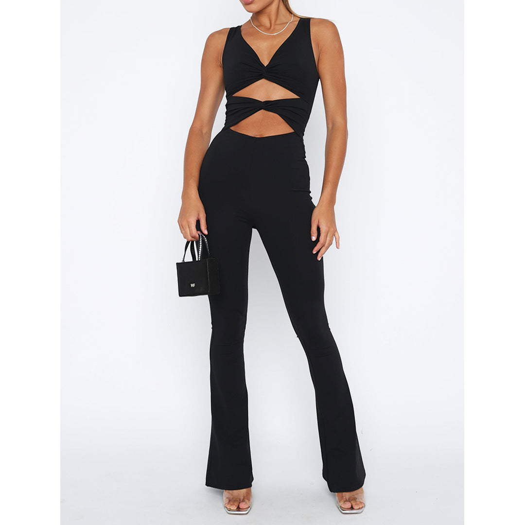 Women Clothing Solid Color Slimming Hollow Out Cutout Twist One Piece Bell Bottom Pants Jumpsuits