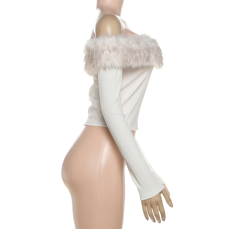 Autumn Winter Slim Fit Cropped off Neck Fur Stitching Color Contrast Long Sleeve T shirt Top