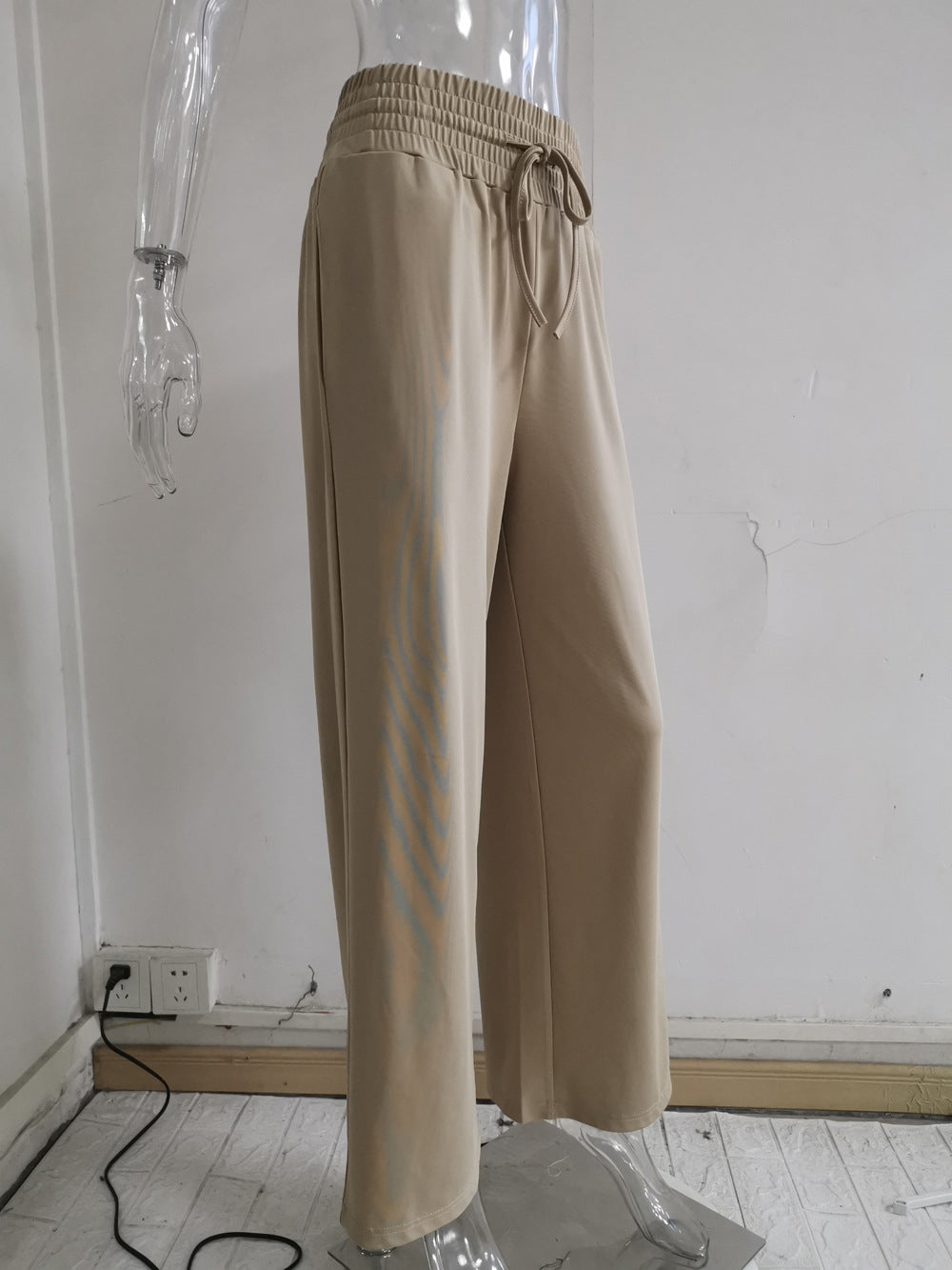 New Straight Pants Loose-Fitting Loungewear Casual Trousers Mid-Waist Solid Color Tied Wide-Leg Pants for Women