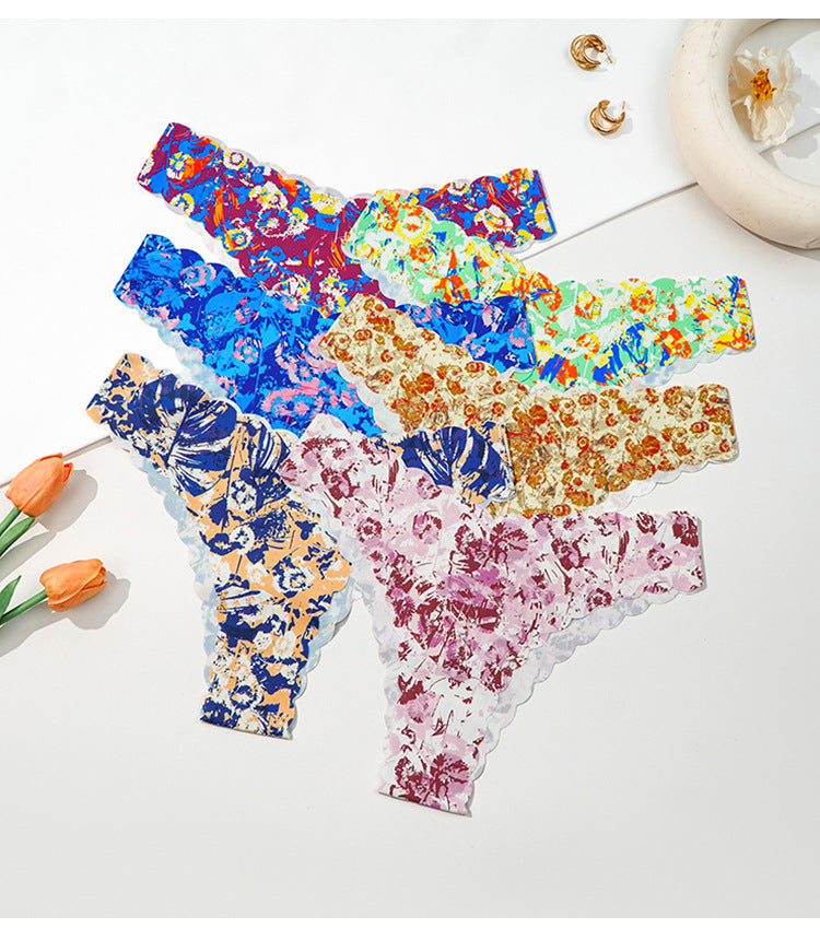 Seamless Women Underwear Bikini Low Waist Wave Edge Printing Ice Silk Briefs Women