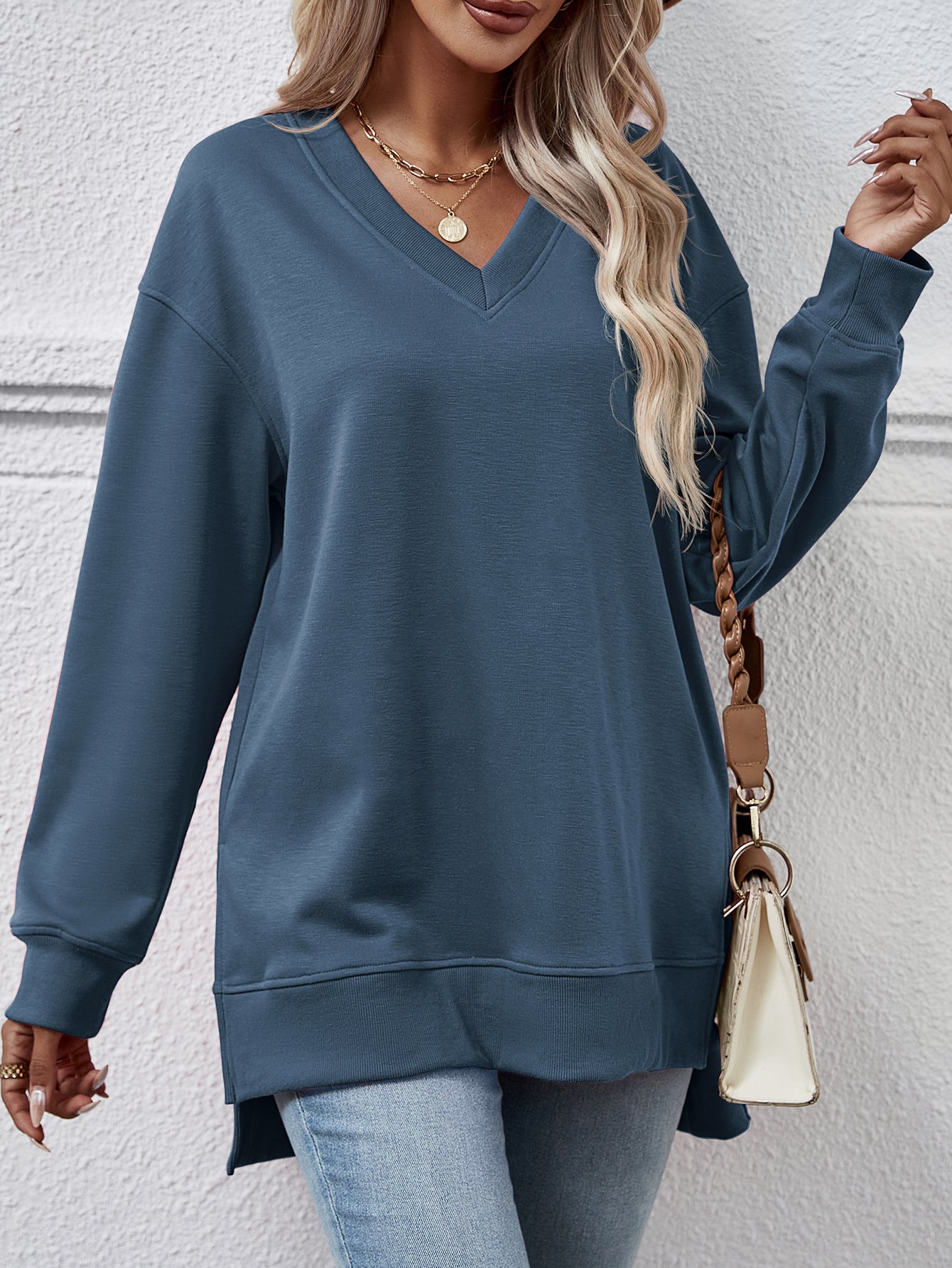 Autumn Winter Women Clothing Sweatshirt Solid Color V Neck Split Front Short Back Long Blouse