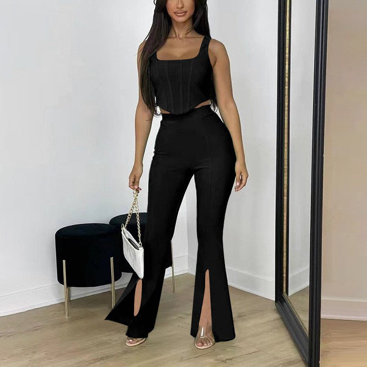 Summer Pants Suit Solid Color Office Sleeveless Vest Split Trousers Casual Two Suits