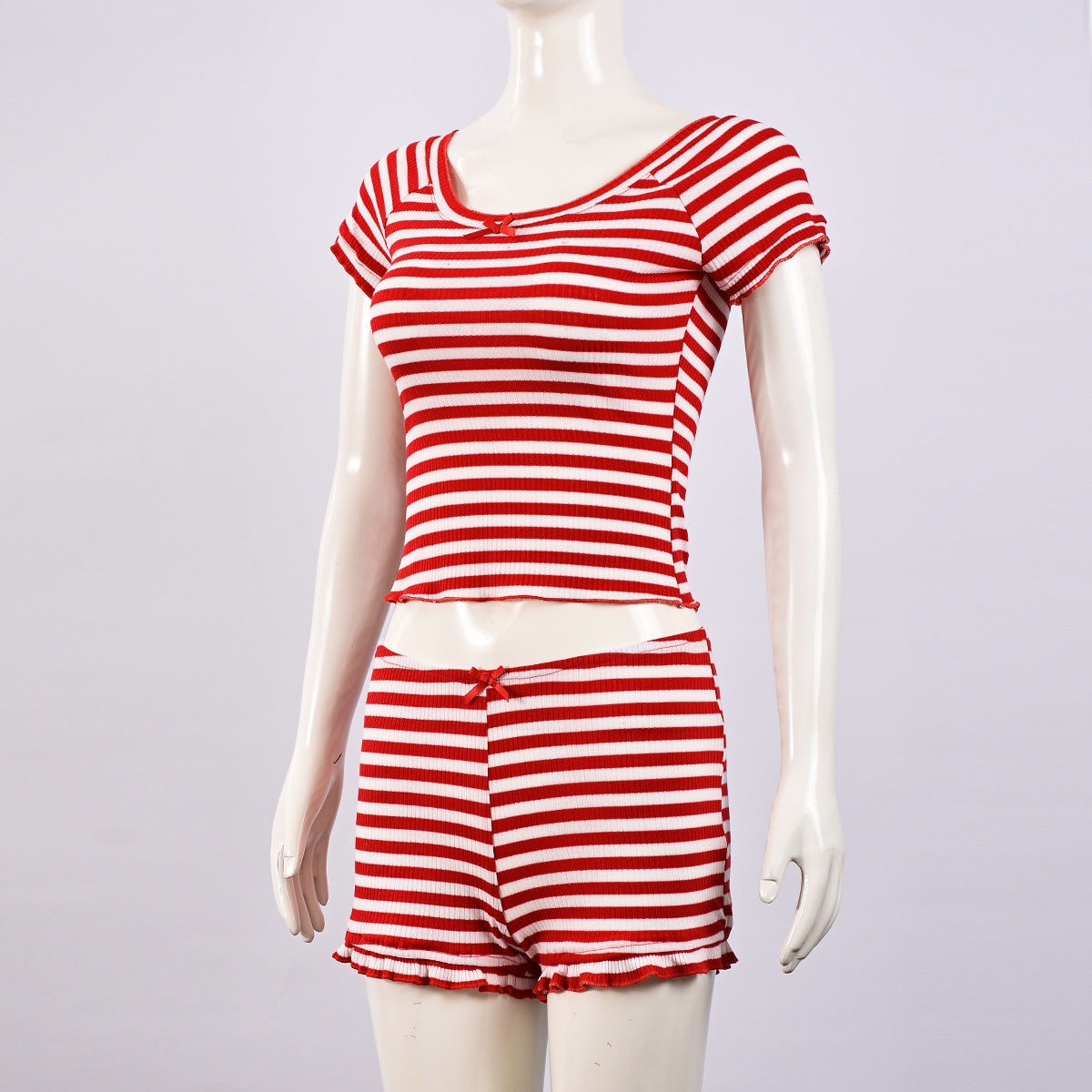 Supply Summer Sexy U Collar Backless Cropped Striped Short Sleeve Shorts Two Piece Sets