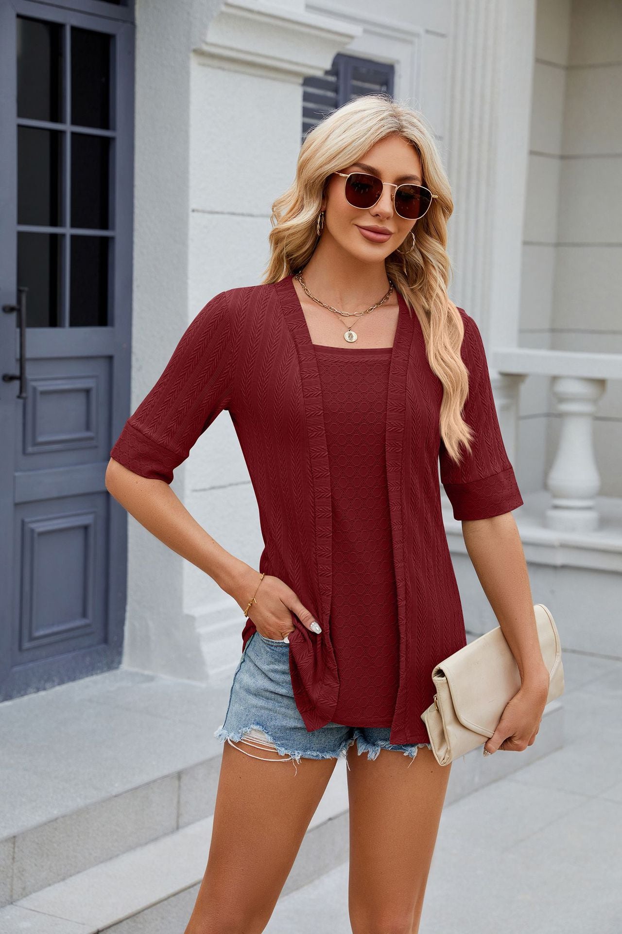 Spring Summer Solid Color Square Collar Stitching Half Sleeve T Shirt Top