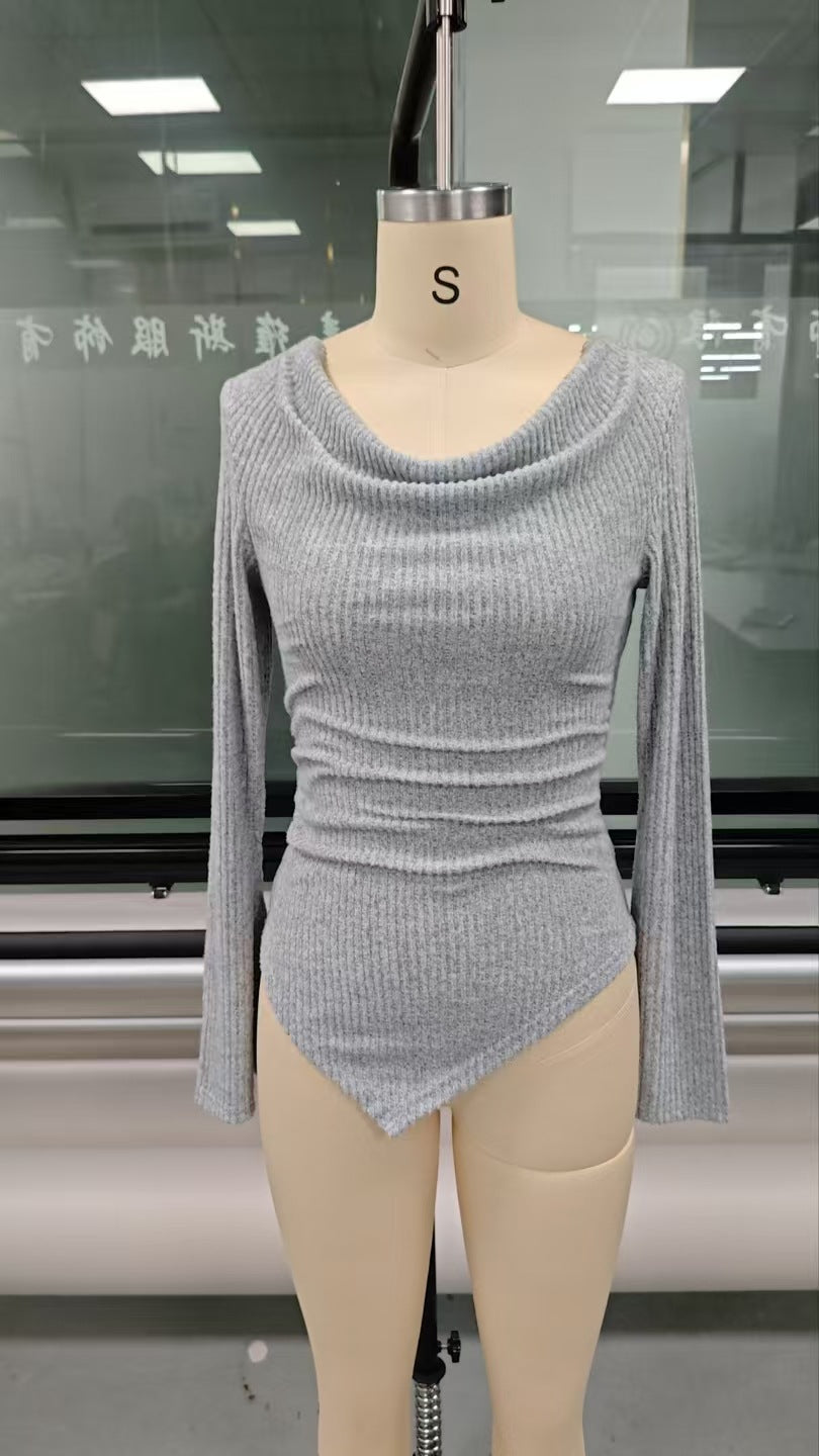 Autumn Winter Women Clothing Ribbing Bottoming Sweater off the Shoulder Slim Knitted Long Sleeved Top Office