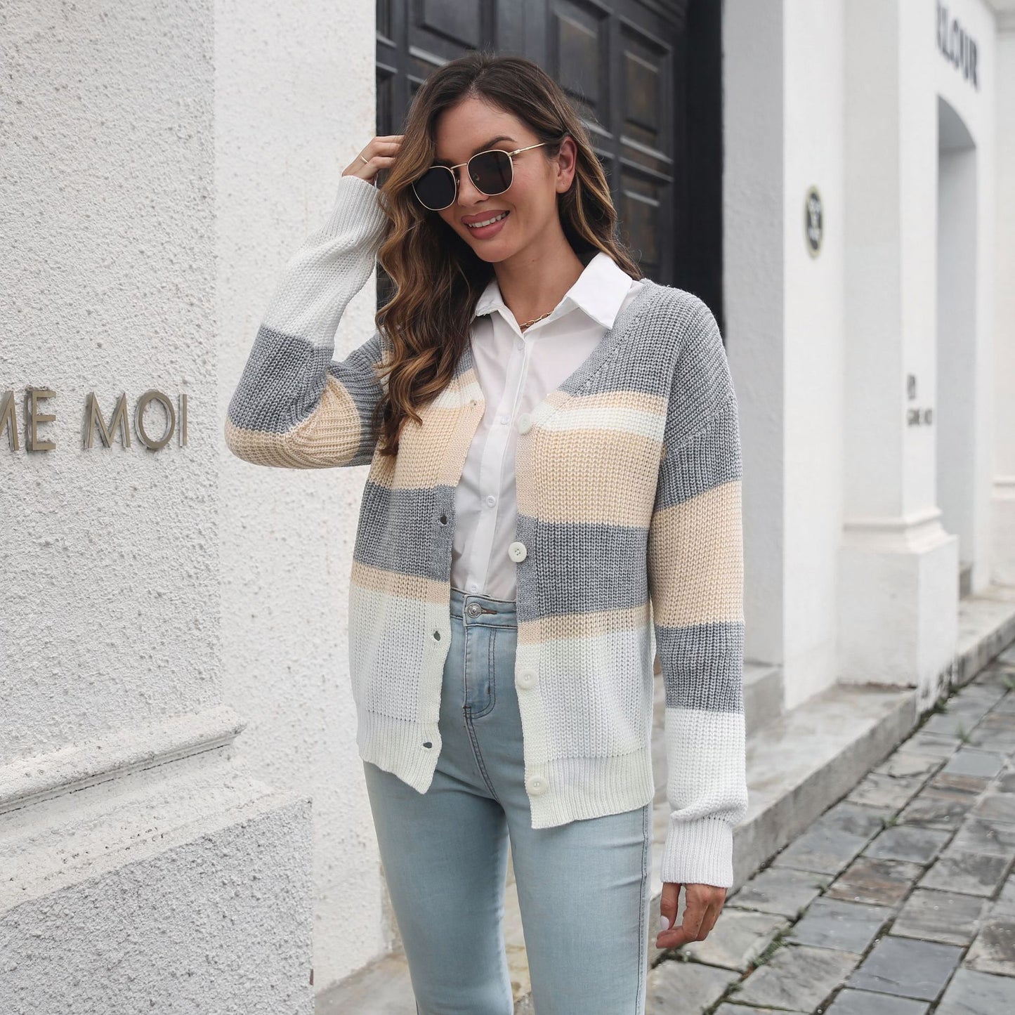 Striped Color Matching Breasted Loose Knitted Cardigan Sweater Women Autumn Winter Women Clothing Sweater
