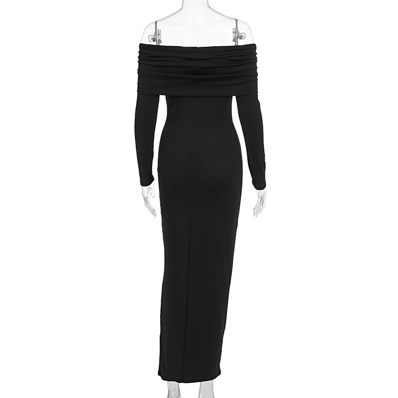 Women Clothing Fall Sexy Tube Top off Neck Solid Color Midi Dress