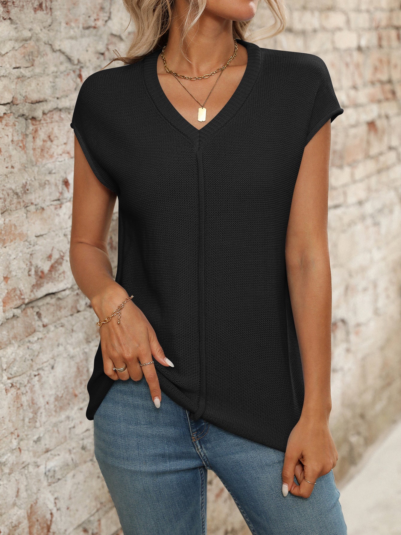Summer Women Clothing V neck Top Knitted Thick Needle Casual Sweater
