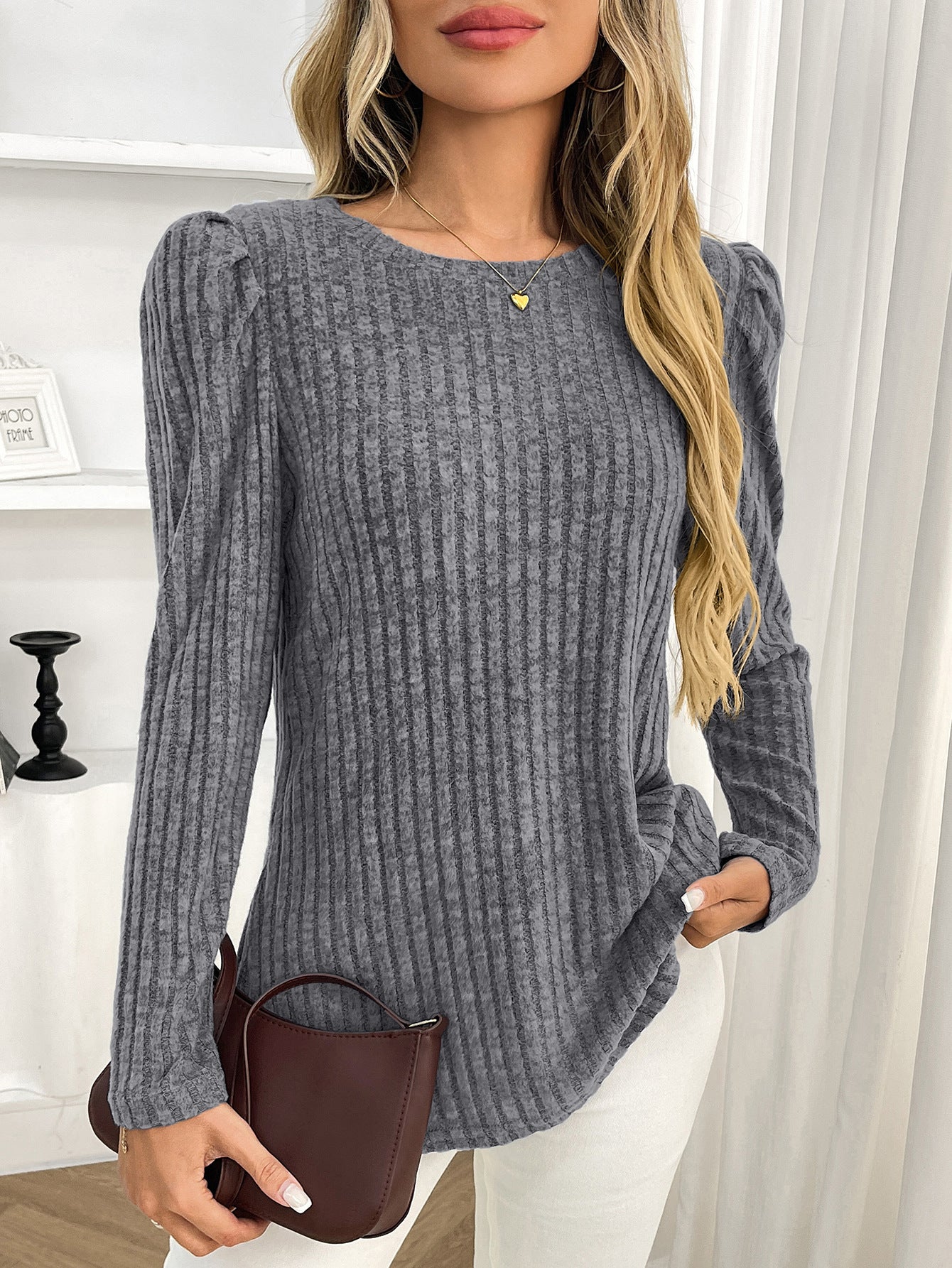 Arrival Women round Neck Puff Sleeve Brushed Sunken Stripe Solid Color Upper Clothes Long Sleeves T shirt