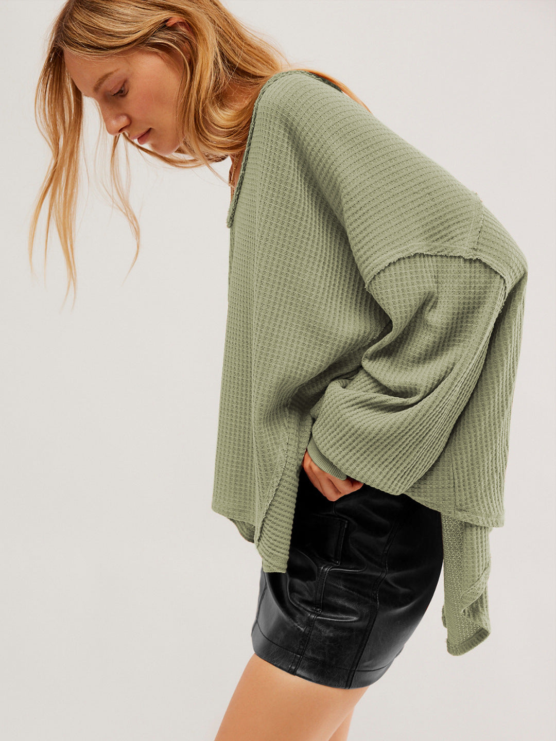V neck Brand Casual Waffle off the Shoulder Sleeves Sweater Sports Idle Loose Autumn Winter Coat