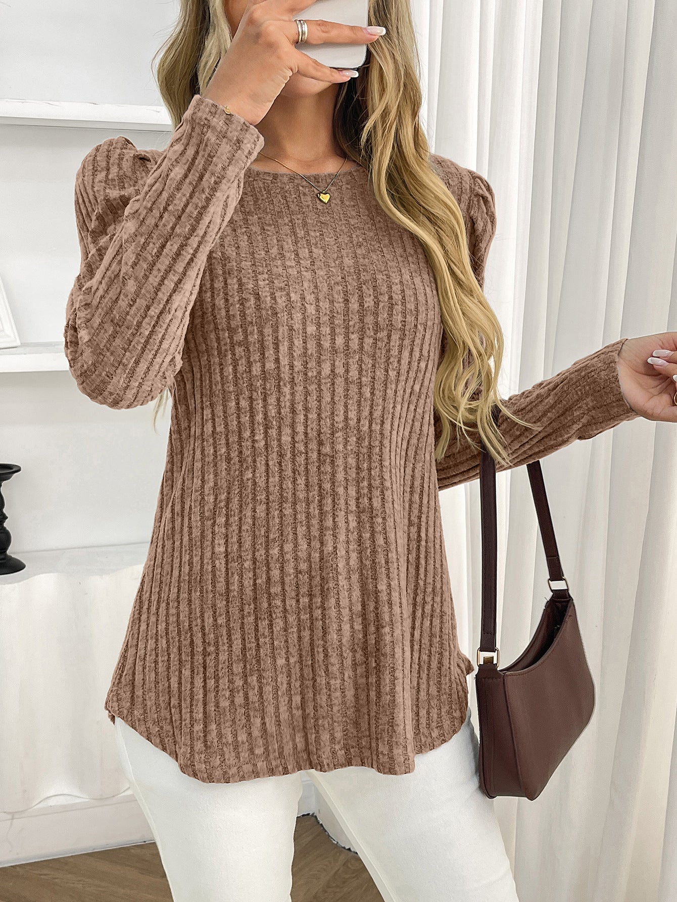 Arrival Women round Neck Puff Sleeve Brushed Sunken Stripe Solid Color Upper Clothes Long Sleeves T shirt