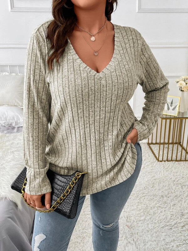 Autumn Winter Solid Color plus Size Women Clothes Top V neck Long Sleeve Sunken Stripe Brushed T shirt Loose Pullover