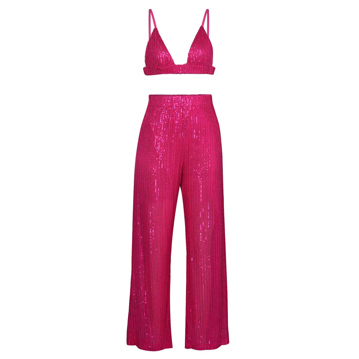 Spring Summer New Women Clothing Solid Color Sequ Fashion Casual Set Shirt Underwear Straight-Leg Pants