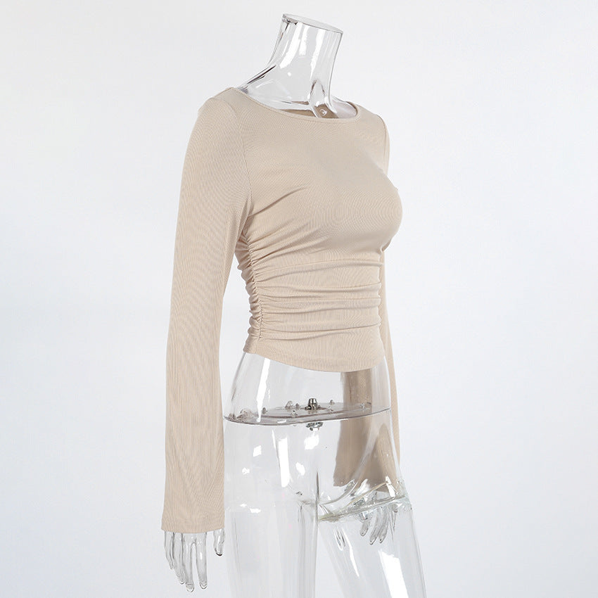 Design Solid Color Slim Fit Pleated round Neck Bell Sleeve Top for Women Spring Undershirt