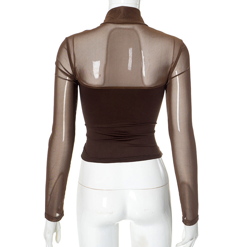 Women Clothing Turtleneck Mesh Stitching Long Sleeve Sexy See through Short Top