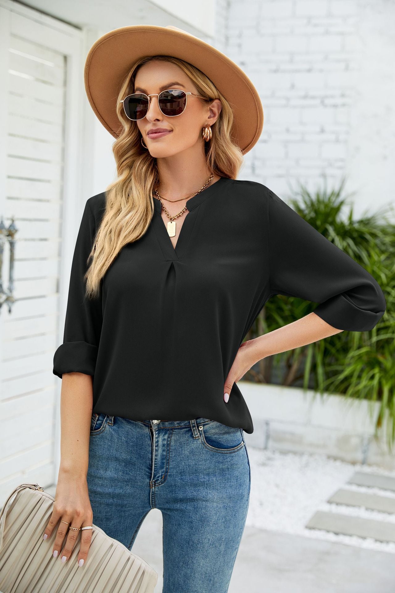 Women Clothing Autumn Winter Solid Color Chiffon Shirt Loose V neck Pullover Long Sleeve Top Shirt
