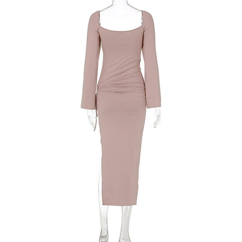 Women Clothing Autumn Winter Long Sleeve Lace Up Slim Fit Backless Hollow Out Cutout Split Dress