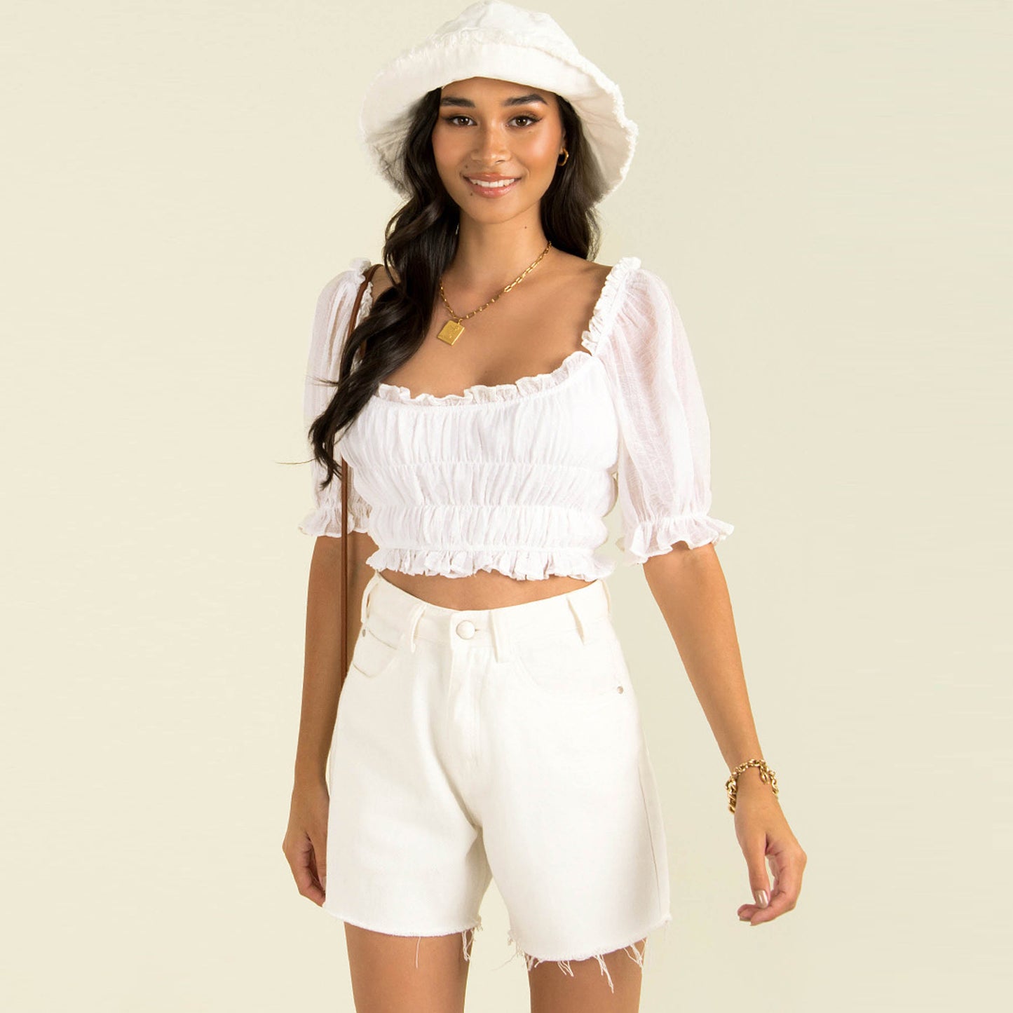 Summer Women Wear Pleated Lantern Short Sleeve Ruffled Chiffon Top Ultra Short Bare Cropped