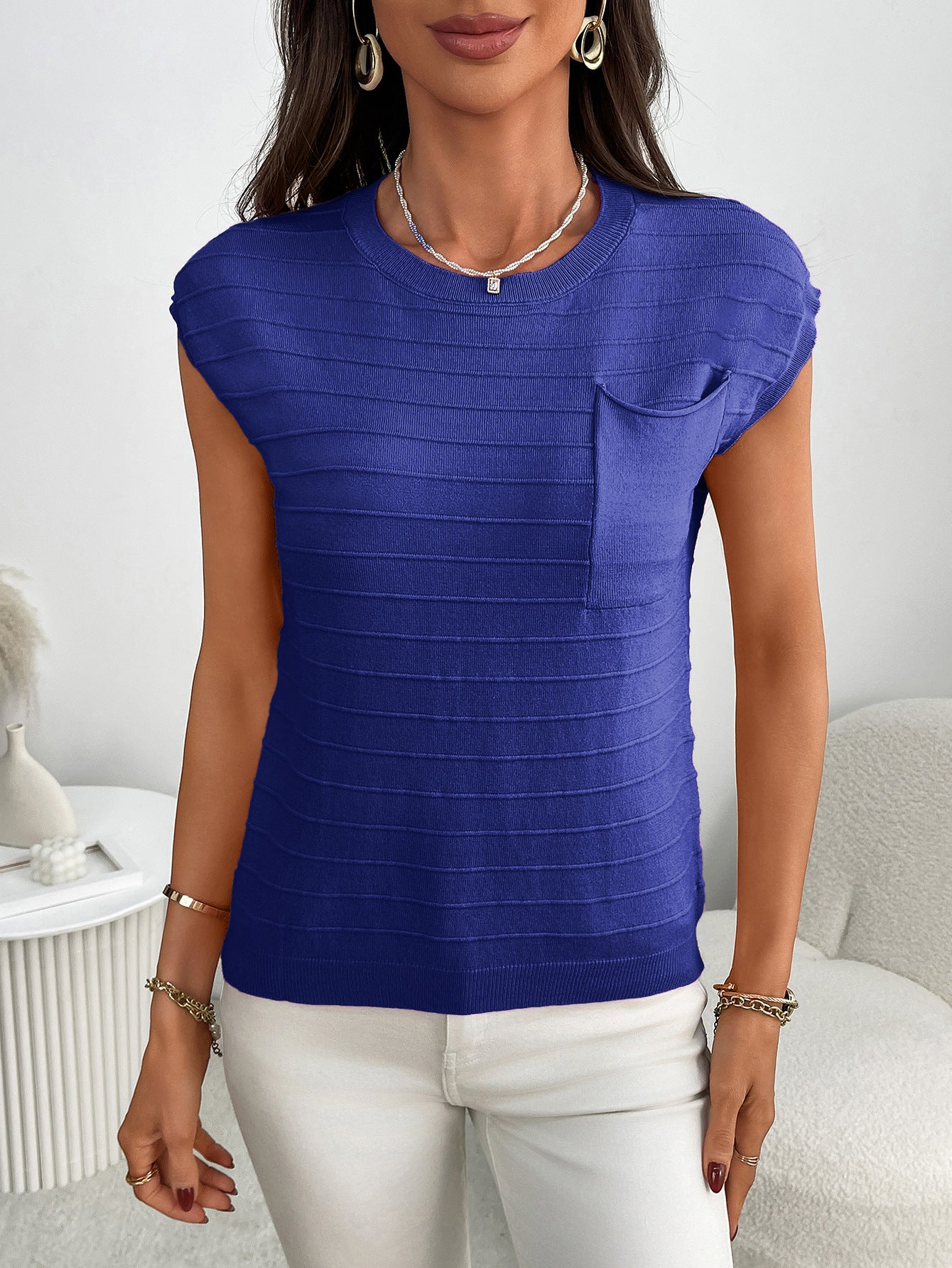 Summer Women Clothing Pullover Short Sleeve round Neck Striped Knitted Pocket Sweater