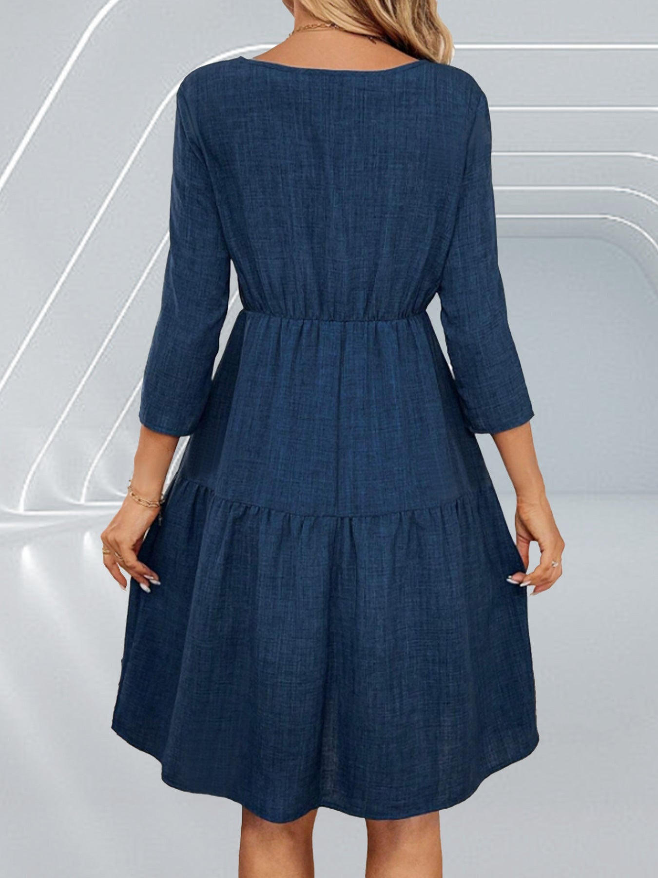 Spring Summer Women Tight Waist 3/4 Sleeve round Neck Dress