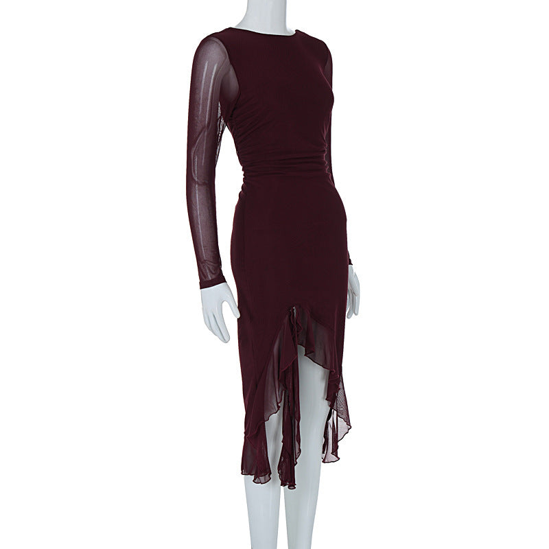 Women Clothing Summer Mesh Long Sleeve Backless Slit Ruffled Dress