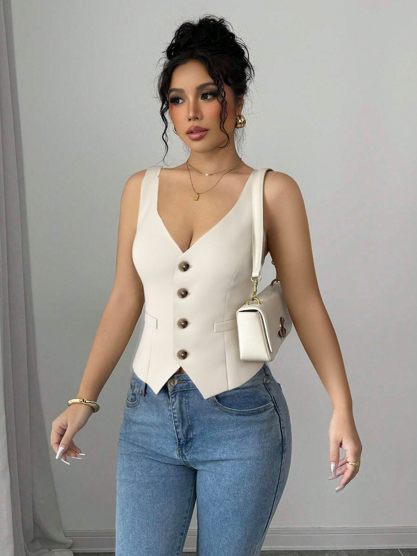 Women Clothing Single Breasted Blazers Vest Retro Sexy Short V neck Top