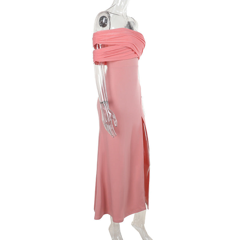 Autumn Socialite Sexy Mesh Stitching off Shoulder Split Dress Women
