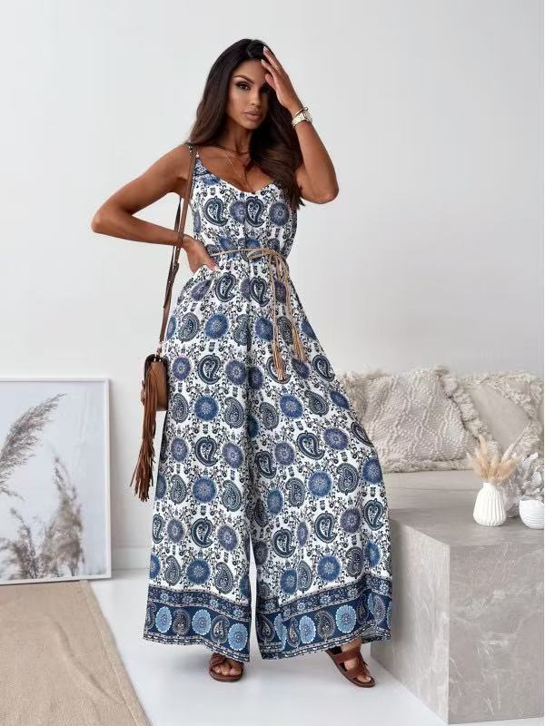 Women Clothing Summer Positioning Floral V neck Brace One Piece Wide Leg Pants with Belt