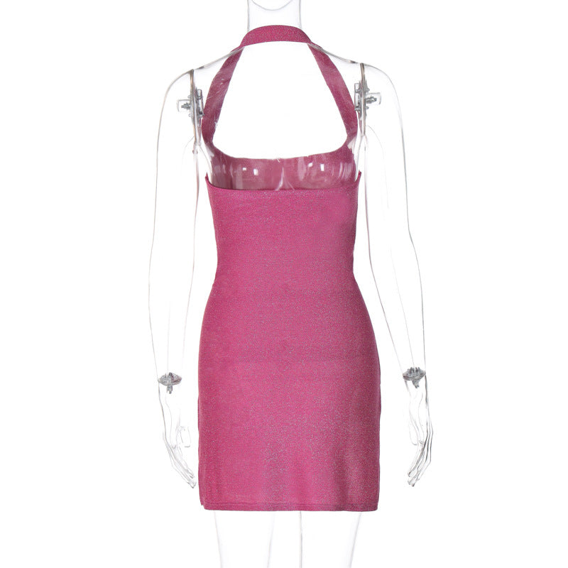 Sexy Sexy Short Dress Spring Summer Women Clothing Halter Split Bright Silk Sheath Dress