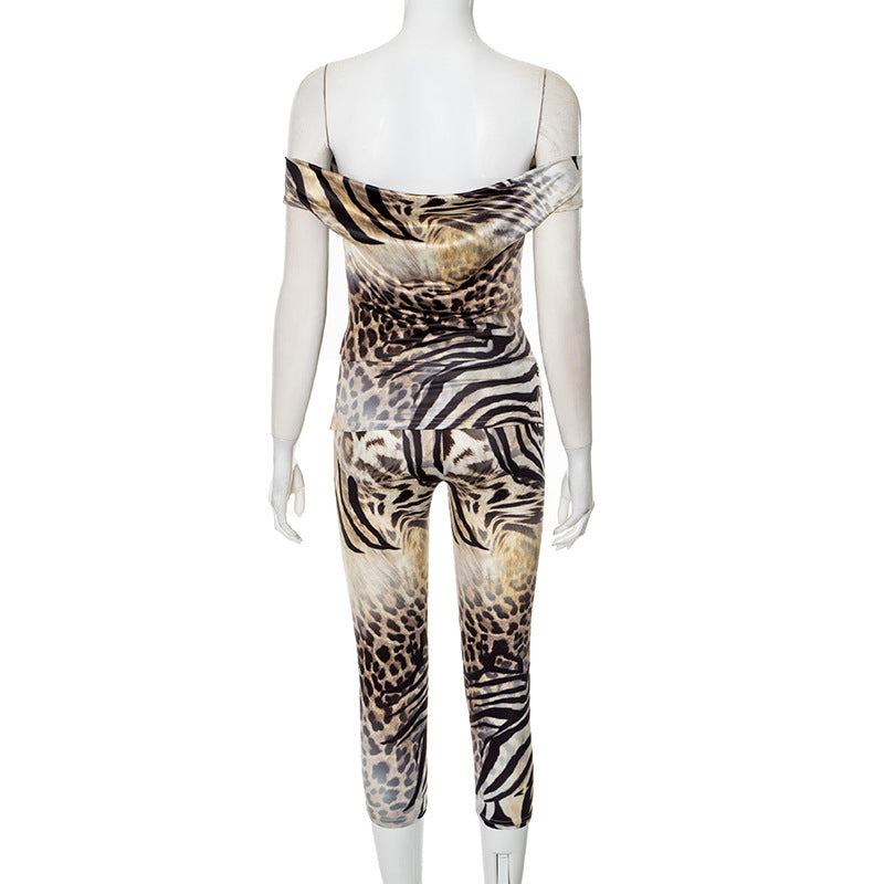 Women Clothing Spring Summer Pullover off Shoulder Animal Texture High Waist Tight Fifth Pants Two Piece Sets