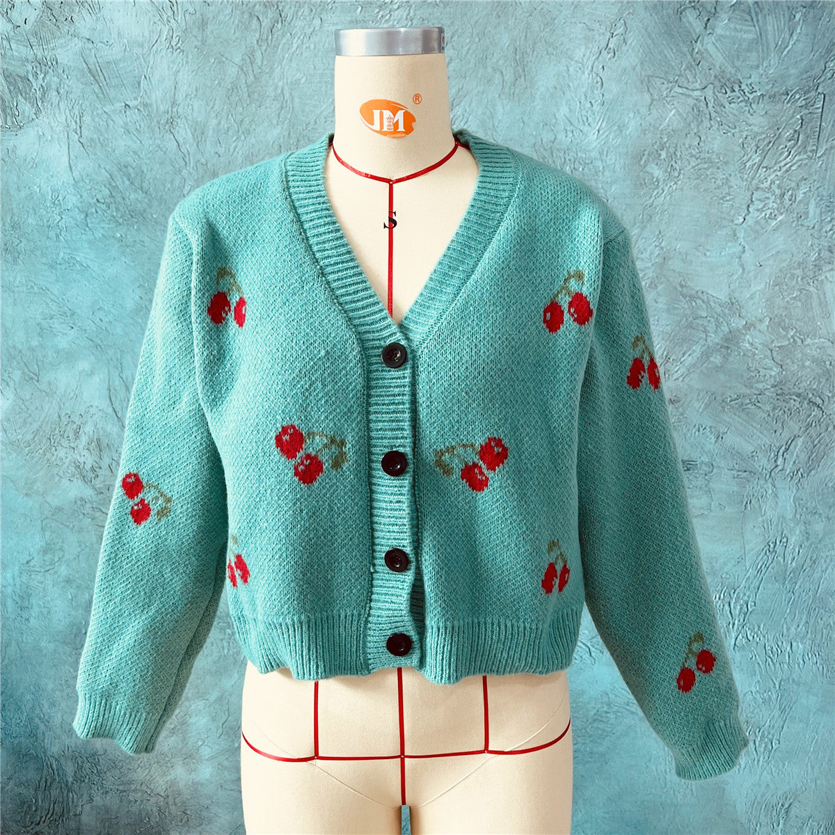 Autumn Winter Small Coat Single-Breasted Long Sleeve Short Sweater Cardigan for Women Sweet Cute Cherry Pattern