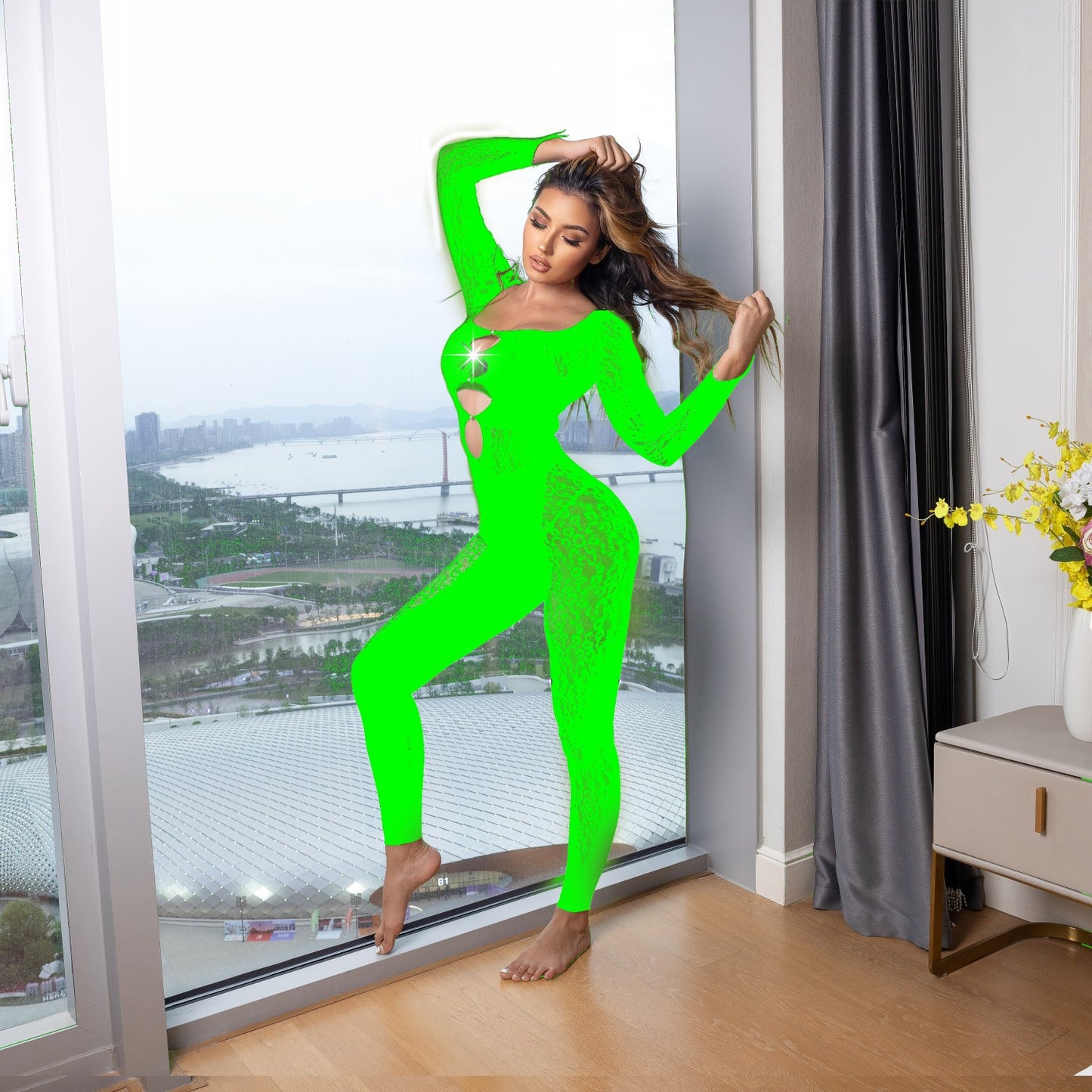 Sexy One Piece Rhinestone Leopard Print Fishnet Clothes Sexy Highlight Figure Long Sleeve Romper