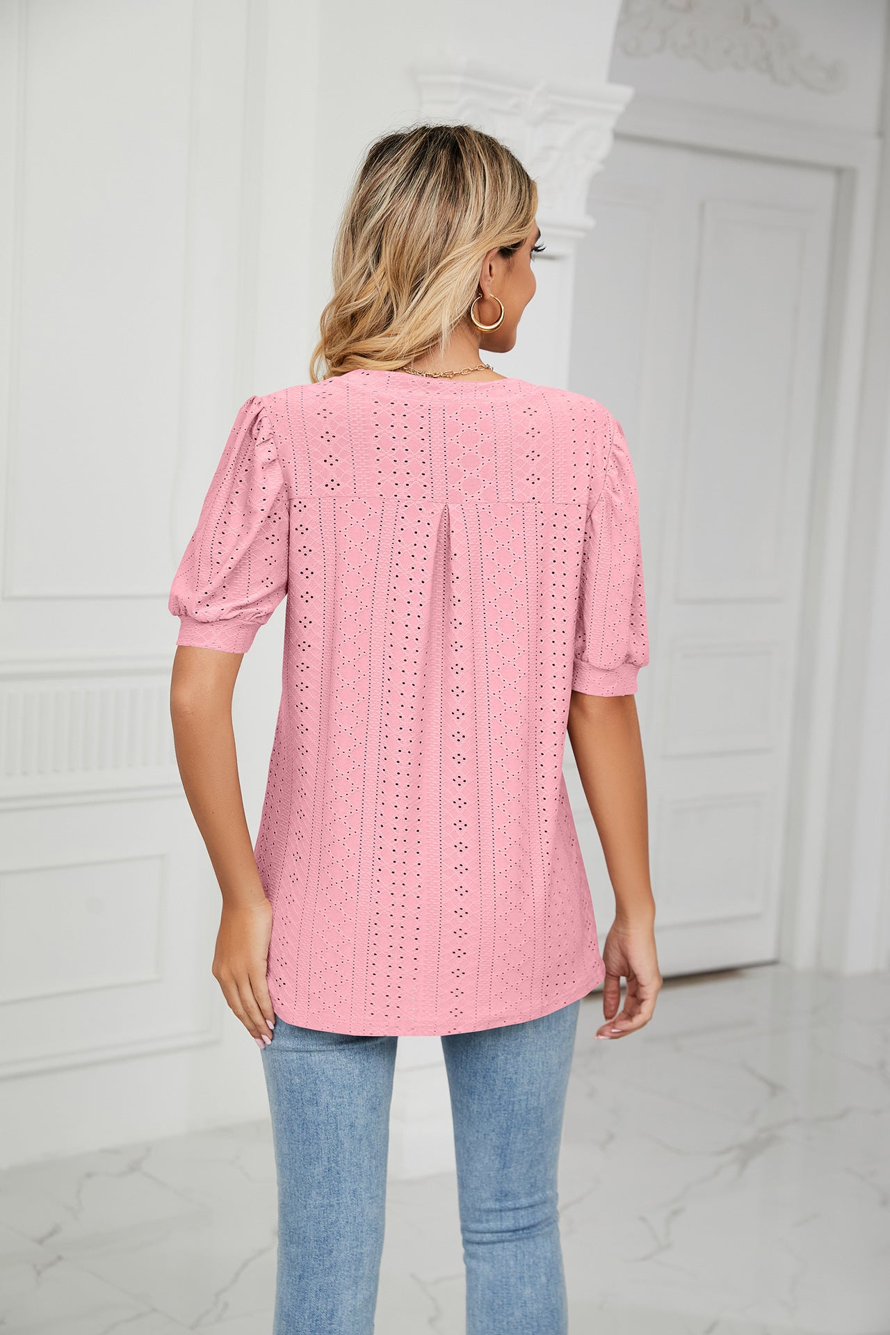 Summer Casual V Neck Solid Color Hollow Out Cutout Puff Sleeve Loose Fitting T Shirt Top Women