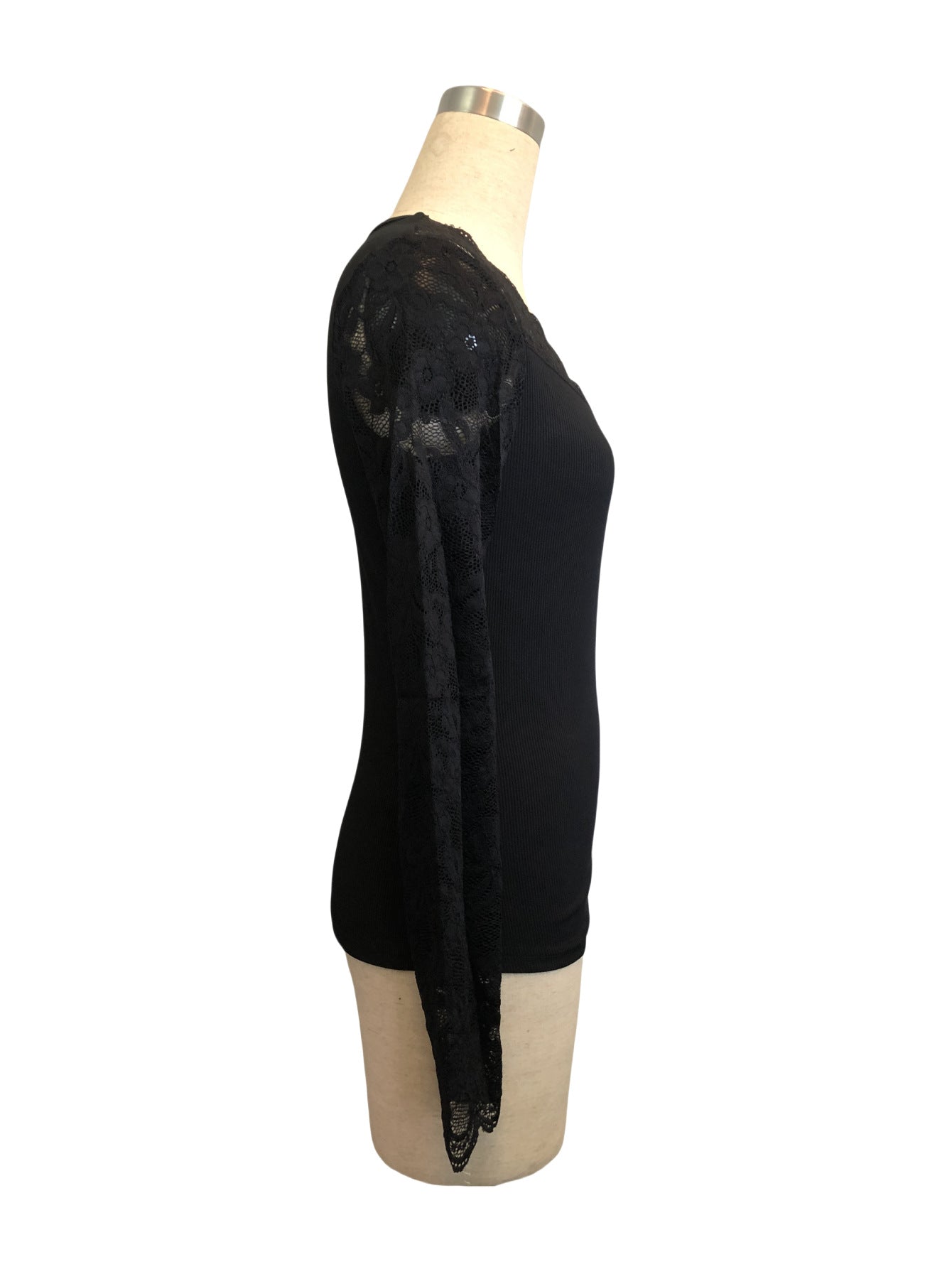 Fan Shaped V neck Lace Slim Fit Patchwork Slimming T shirt Long Sleeve Top for Women