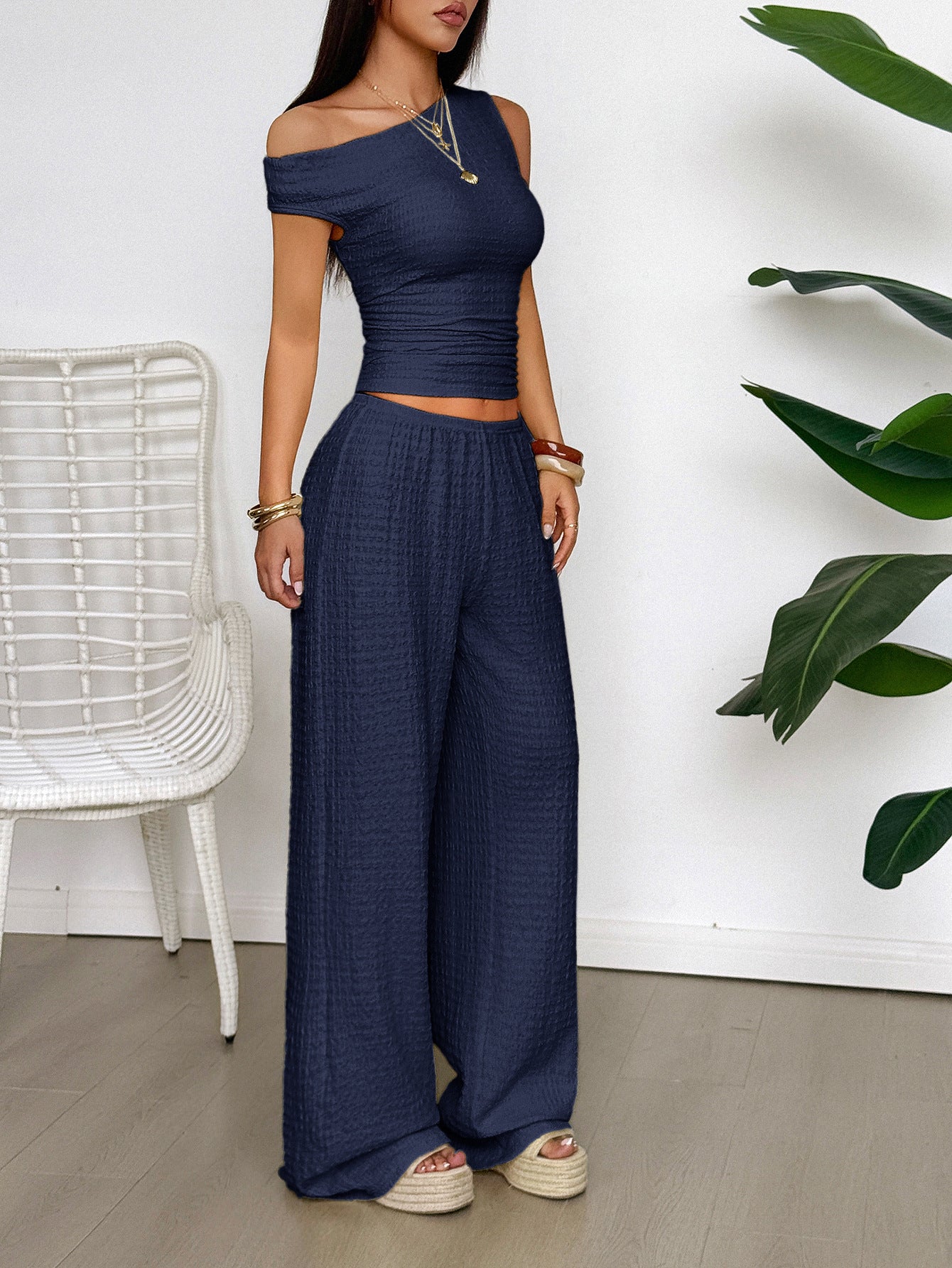 Casual Vacation Vest Wide Leg Trousers Two Piece Set Women Clothing Spring Summer