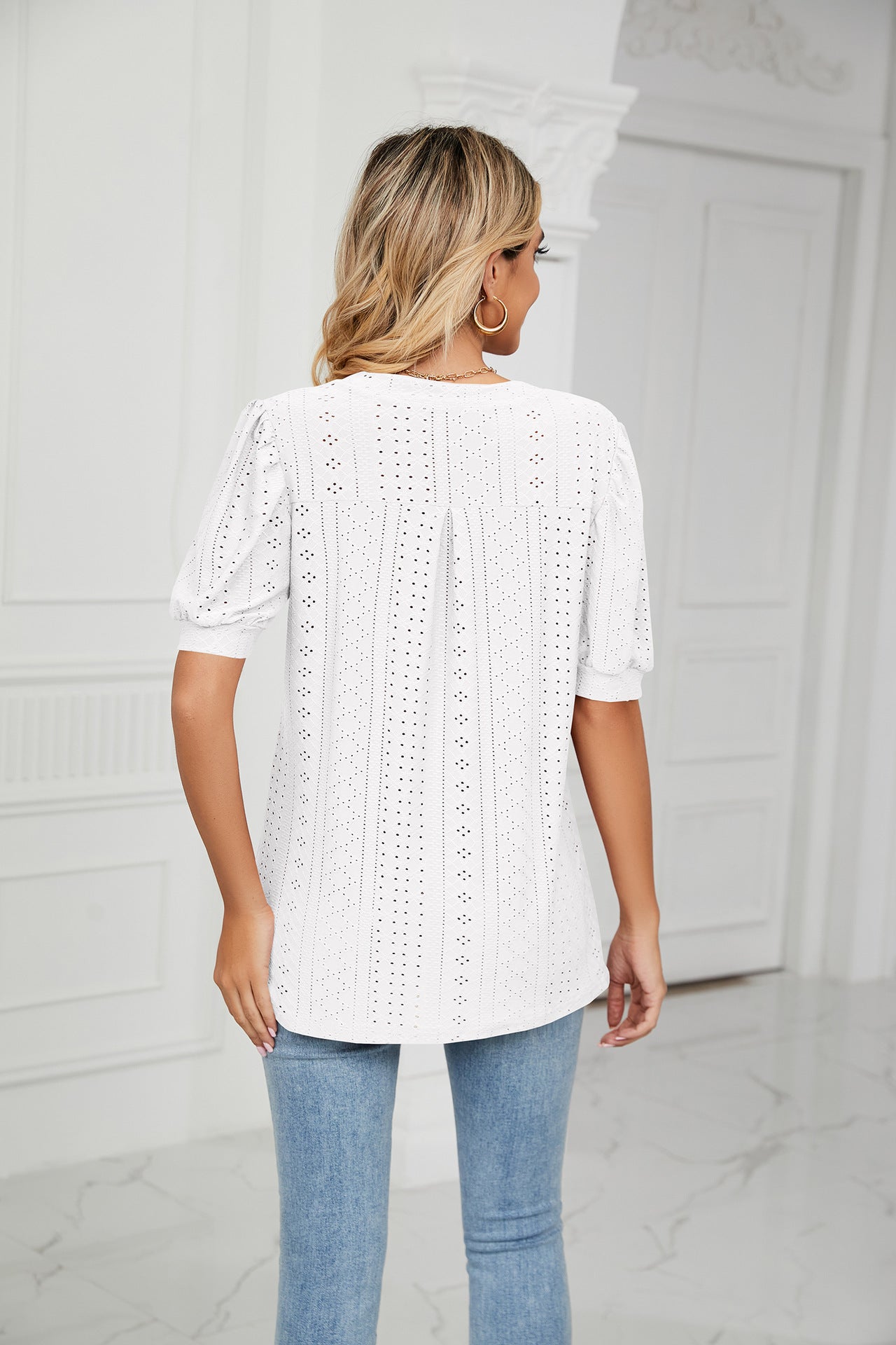 Summer Casual V Neck Solid Color Hollow Out Cutout Puff Sleeve Loose Fitting T Shirt Top Women