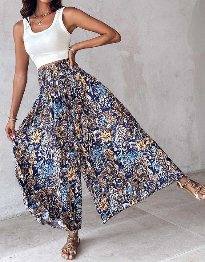 Women Clothing Printed Waist-Controlled Casual Trousers Wide Leg Pants