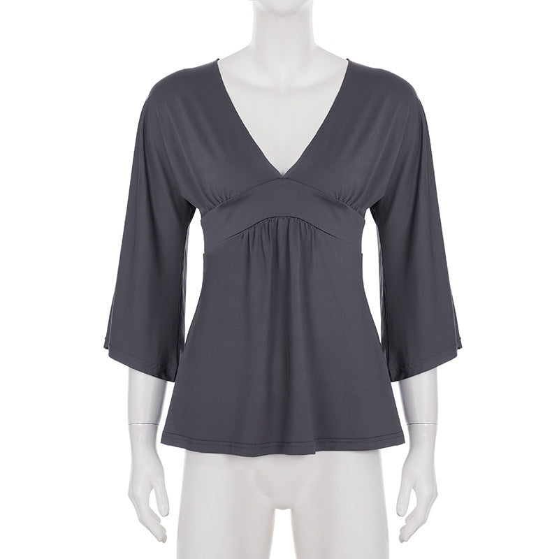 Sexy V neck Solid Color Draping Half Sleeve T shirt Women Bell Sleeve Waist Controlled a Swing Top