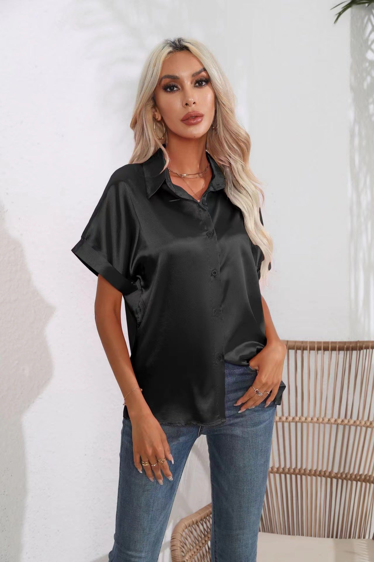 Satin Shirt Short Sleeve Satin Button Shirt Casual Loose Top Women