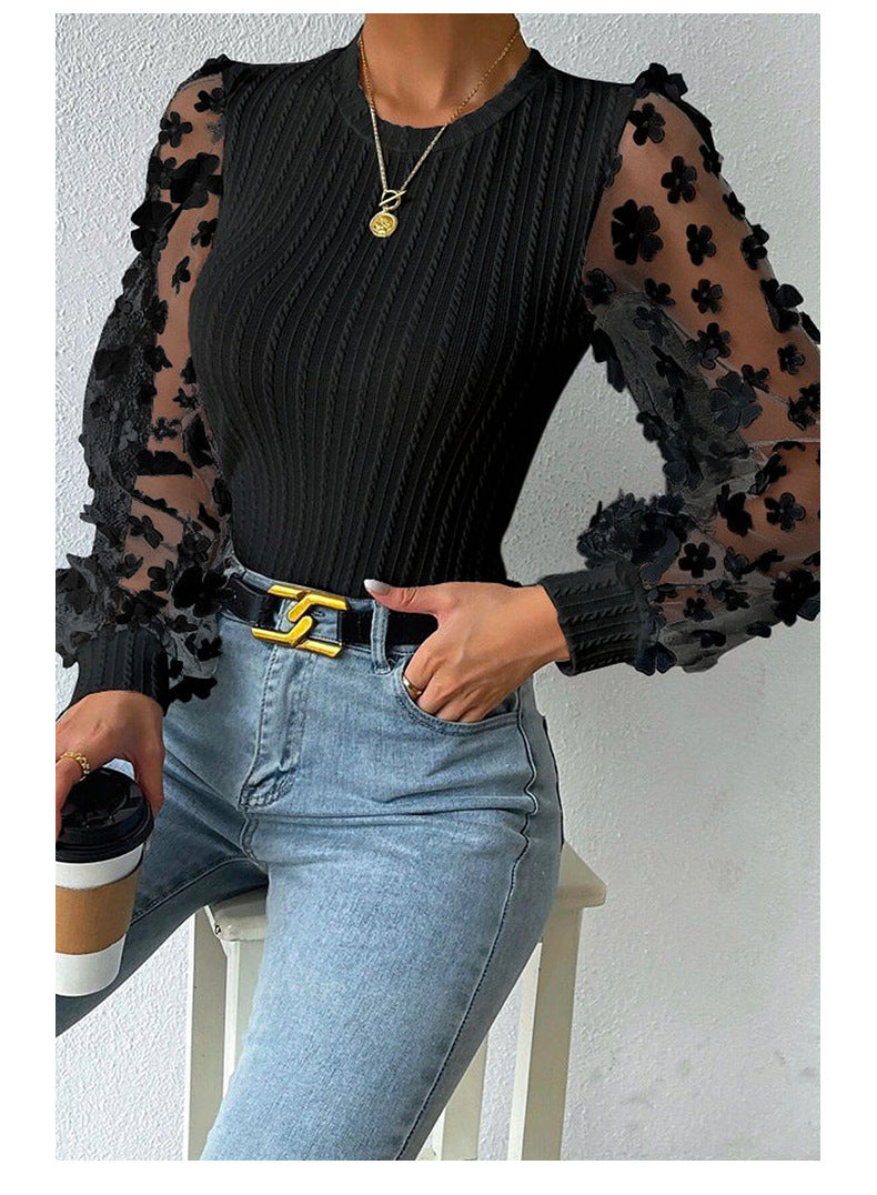 Women Mesh Small Floral Chiffon Shirt Women Spring Summer round Neck Slimming Pullover Long Sleeve Top