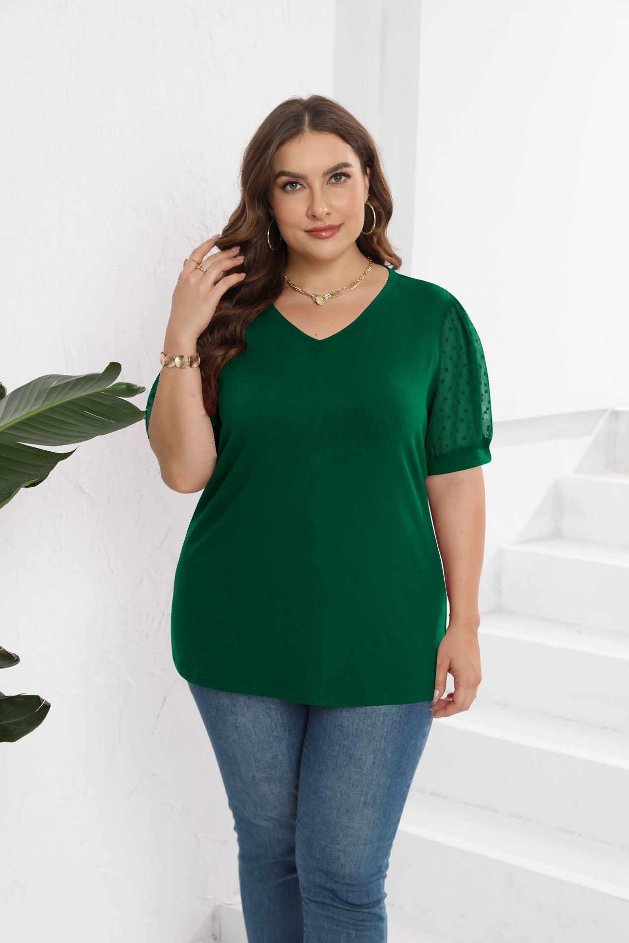 Women Clothing Mesh Fluffy Short Sleeve Puff Sleeve V neck Solid Color T shirt Women